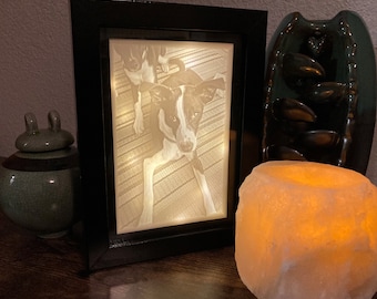May include: A black framed picture with a white and black dog in a 3D style. The picture is lit from behind, creating a warm glow. The picture is sitting on a wooden table next to a white salt lamp.