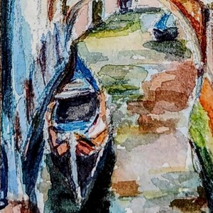 May include: A watercolor painting depicting a canal scene with a dark gondola floating on the water. An arched stone bridge spans the canal, surrounded by buildings with textured walls and green foliage. The artwork features blue, brown, and green tones.