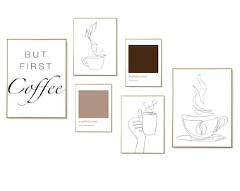 Kaffee Wand Kunst Set 6 Drucke, moderne Kaffee Linie Kunst, minimalistische Kaffee Linie Kunst, Kaffee Linie Kunst Druck, druckbare Kaffee Linie Kunst.