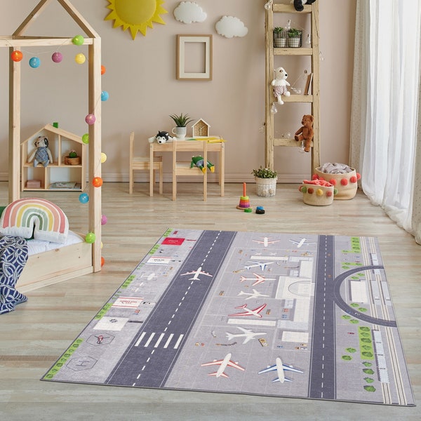 KIDS PLAY RUG, Soft Kids Room Rug, Airport Design Play Mat, Child Room Rug, Kid Rug, Play Rug, Gift for Kids, Activity Rug