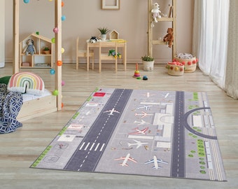 KIDS PLAY RUG, Soft Kids Room Rug, Airport Design Play Mat, Child Room Rug, Kid Rug, Play Rug, Gift for Kids, Activity Rug