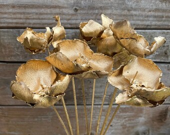 Gold palm caps / Gold cake topper / Gold dried flowers / Floral cake decor / Home decor / Christmas florals / Wood flower stems / gifts