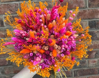 Bright dried flower wedding bouquet / orange and pink bridal flowers / colourful bridesmaid, flower girl / vibrant wedding flower / hot pink