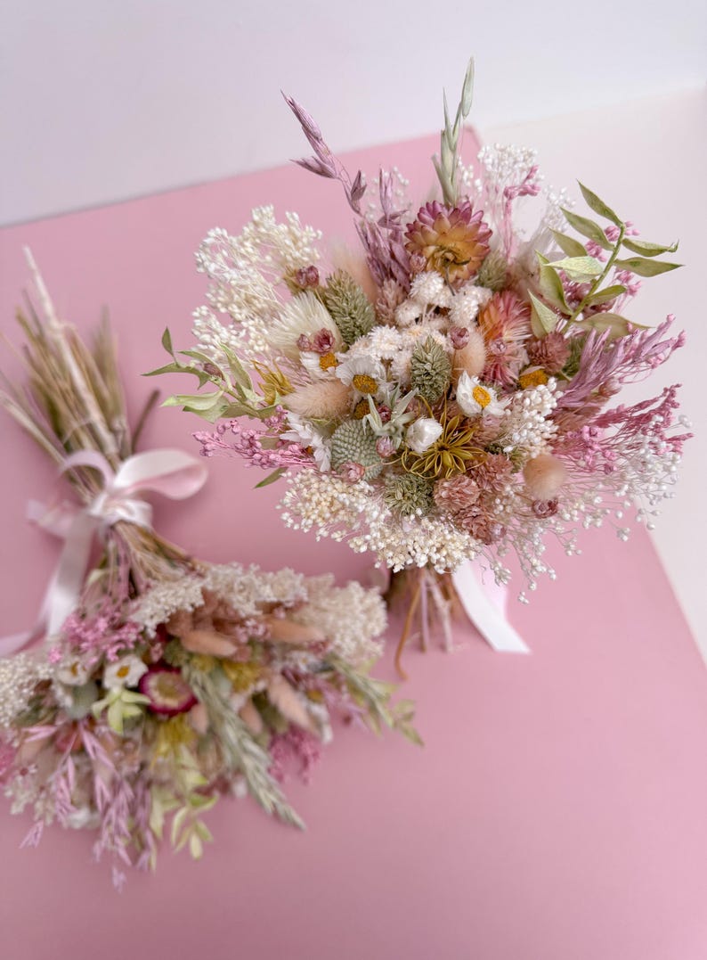 pink and green bouquet of dried flowers
