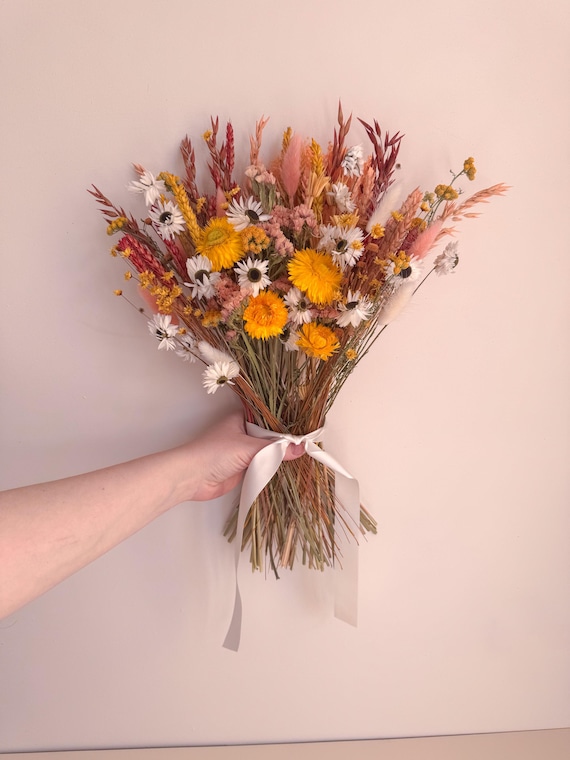 Burnt orange and yellow dried flower arrangement, dry daisy bouquet, spring floral home decor, orange wildflower bouquet, orange home decor