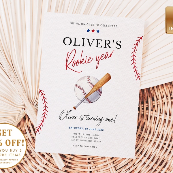 Rookie of the Year Invite Template, Baseball First Birthday Invitation, 1st Bday Invite, Baseball Birthday Party,  Rookie Year Card