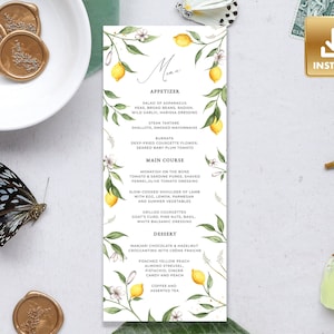 CAPRI - Lemon Menu Card Template, Summer Wedding Menu, Instant Download, Italian Wedding Menu, Dinner Menu, Citrus Wedding Menu Card