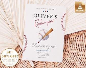 Rookie of the Year Invite Template, Baseball First Birthday Invitation, 1st Bday Invite, Baseball Birthday Party,  Rookie Year Card