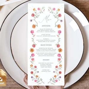 ROSA - Rose Wedding Menu Template, Bridal Shower Menu, Romantic Wedding Menu Card Template, Printable Wedding Menu Card, Do It Yourself