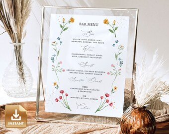 Bar Menu Template, Floral Drinks Sign, Printable Wedding Sign, Wildflower Wedding Sign, Drink Menu Sign, Do It Yourself Bar Menu - IONA