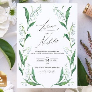 LILY of the Valley Wedding Invitation Template, Elegant Greenery Watercolor Invitation, INSTANT Download, Lily Wedding Invitation Template