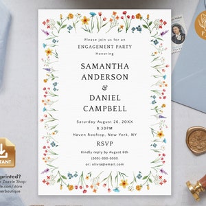 Summer Engagement Party Invitation, Colorful Wildflower Invite, Instant Download, Editable Template - FLORA