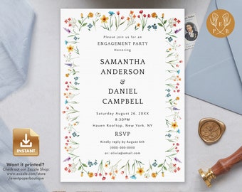 Summer Engagement Party Invitation, Colorful Wildflower Invite, Instant Download, Editable Template - FLORA