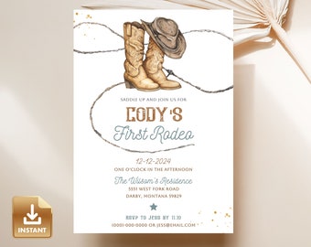 First Rodeo Birthday Party Invitation, Wild West Birthday,  Western Birthday Invitation Template, 1st Rodeo Invite, Cowboy Boots Invitation