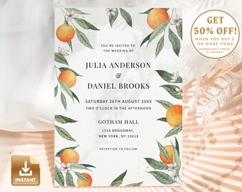 Orange Citrus Wedding Invitation Template: Summer DIY Card (Digital Download)