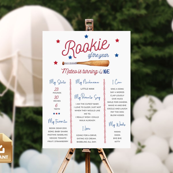 Baseball Baby Milestone Sign, First Birthday Poster, Rookie Year Stats, Boy 1st Bday Party, Editable Template