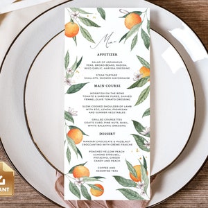 CLEMMIE - Summer Wedding Menu Card Template, Oranges Wedding Menu Card, Summer Dinner Party Menu, Editable & Printable, Do It Yourself Menu