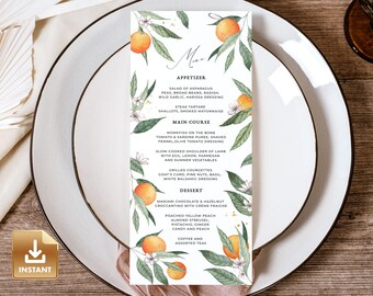 CLEMMIE - Summer Wedding Menu Card Template, Oranges Wedding Menu Card, Summer Dinner Party Menu, Editable & Printable, Do It Yourself Menu
