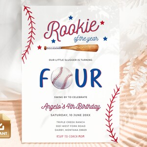 Baseball Birthday Invitation, Fourth Birthday Invitation Template, Baseball Birthday Party, Boy Birthday Invite, Rookie of the Year Invite
