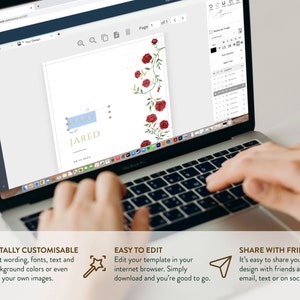 May include: A laptop computer screen displaying a wedding invitation template with a floral design. The template is customizable with text, fonts, colors, and images. The text on the screen reads "Mary & Jared".
