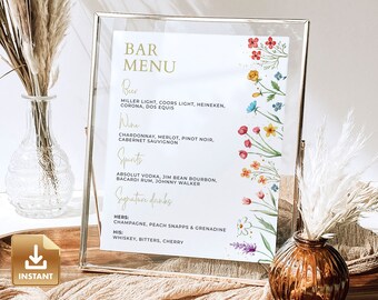 Bar Menu Sign, Floral Drinks Menu Template, Printable Wedding Sign, Wildflower Wedding Sign, Drink Menu Sign, Do It Yourself Bar Menu - IONA
