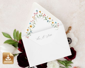 Wildflower Envelope Liner Template, Wildflower Wedding Envelope, Floral Envelope Liner, A7 Euro Flap Envelope Liner, 5x7 Envelope Liner