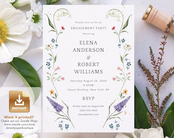 Wildflower Engagement Party Invitation Template, Colorful Floral Invite, Summer Wedding, Editable Template, Instant Download - IRIS