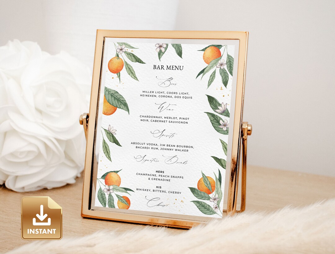 Menu Sign Pdf Bar Menu Sign, Drink Sign Template, Printable Wedding Sign, Orange ...