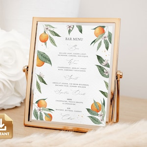 Bar Menu Sign, Drink Sign Template, Printable Wedding Sign, Orange Citrus Fruit, Drinks Menu Sign, Editable Bar Menu Template - CLEMMIE