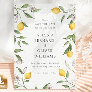 Lemon Save The Date Card, Summer Wedding Invitation Template,  Instant Download, Citrus Save The Date, Italian Wedding Card - CAPRI