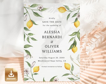Lemon Save The Date Card, Summer Wedding Invitation Template,  Instant Download, Citrus Save The Date, Italian Wedding Card - CAPRI