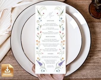 IRIS - Wildflower Wedding, Menu Card Template, Bohemian Wedding Menu, INSTANT Download, Boho Menu, Dinner Menu, Editable & Printable