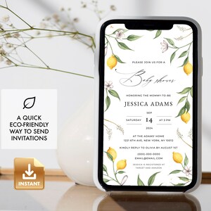 May include: A digital invitation for a baby shower with a lemon and floral theme. The invitation is for Jessica Adams on Saturday, September 14th at 3 PM. The invitation includes the address for the event and a request to RSVP by August 1st. The invitation also includes the text "Jessica is registered at Target and Amazon."