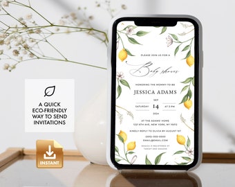 Summer Baby Shower Evite, Lemon Baby Shower E-Invitation, Gender Neutral Baby Shower Invitation, Editable Baby Shower Evite