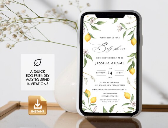 Summer Baby Shower Evite, Lemon Baby Shower E-Invitation, Gender Neutral Baby Shower Invitation, Editable Baby Shower Evite