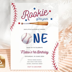 Baseball First Birthday Invitation, Rookie of the Year Invite, 1st Birthday Invitation Template, Baseball Birthday Party, Boy Birthday Party