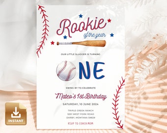 Baseball First Birthday Invitation, Rookie of the Year Invite, 1st Birthday Invitation Template, Baseball Birthday Party, Boy Birthday Party
