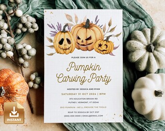 Halloween Party Invitation, Pumpkin Carving Party Invitation Template, Editable Pumpkin Carving Invite, Printable Halloween Party Template