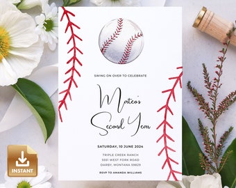 Baseball Birthday Invitation Template, Rookie of the Year Invite, Baseball 2nd Birthday Party, Boy Birthday Invite, Second Birthday Party