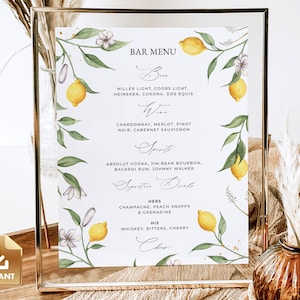Bar Menu Template, Drinks Sign, Printable Lemon Wedding Sign, Italian Wedding, Drink Menu Sign, Citrus Wedding Sign, Summer Bar Menu - CAPRI