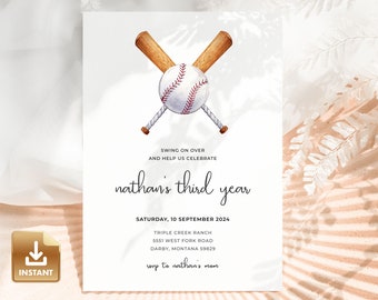 Baseball Birthday Invitation, 3rd Birthday Invite, Third Birthday Invitation Template, Baseball Third Birthday Party, Boy Birthday Invite