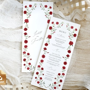 BRIAR - Red Rose Menu Card Template, Romantic Wedding Menu, Editable Rose Menu Card, Bridal Shower Menu Card, Do It Yourself Menu Card