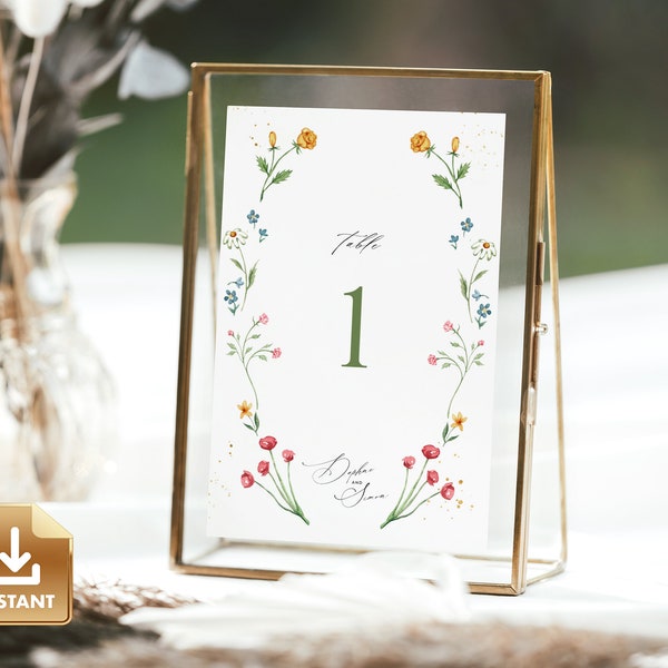 Wildflower Table Number Template, Floral Table Number Sign, 5x7" Table Numbers, Colorful Wedding Table Number, Editable Table Number Card