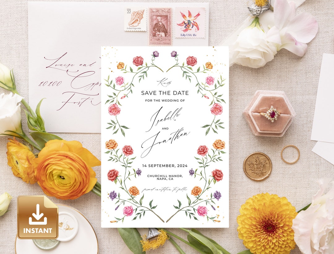 ROSA - Rose Save the Date Card Template, Instant Download, Colorful ...