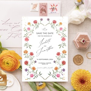 ROSA - Rose Save The Date Card Template, Instant Download, Colorful Roses Save The Dat Template, Printable Floral Wedding Announcement