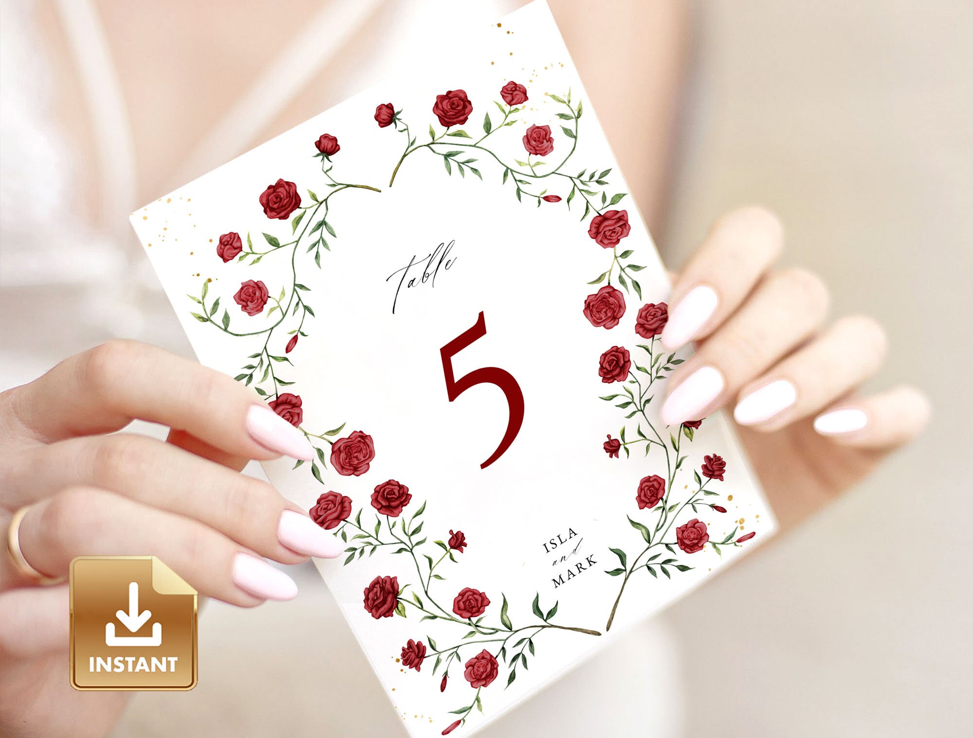 Table Number Red Red Rose Table Number Card Template, Roses Table Number Sign, 5x7 ...