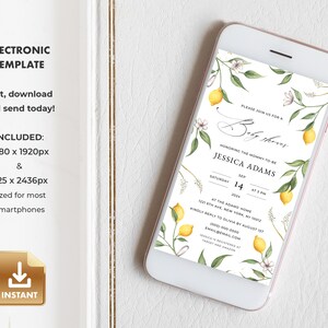 May include: A digital invitation for a baby shower with a lemon and floral design. The invitation reads "Please join us for a Baby Shower honoring the mommy-to-be Jessica Adams, Saturday, September 14, 2024 at 3 PM at The Adams Home, 121 6th Ave, New York, NY 10002. Kindly reply to Olivia by August 1st, 0000-000-0000, email@email.com. Jessica is registered at Target and Amazon."