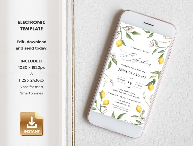 May include: A digital invitation for a baby shower with a lemon and floral design. The invitation reads "Please join us for a Baby Shower honoring the mommy-to-be Jessica Adams, Saturday, September 14, 2024 at 3 PM at The Adams Home, 121 6th Ave, New York, NY 10002. Kindly reply to Olivia by August 1st, 0000-000-0000, email@email.com. Jessica is registered at Target and Amazon."