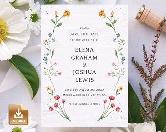 Wildflower Save The Date Card, Summer Wedding Invitation Template, Instant Download, Do It Yourself Editable & Printable - IONA