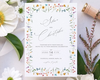 FLORA - Wildflower Wedding Invitation Template, Hand-Painted Wildflower Watercolor Invite, INSTANT Download, Summer Wedding Invitation